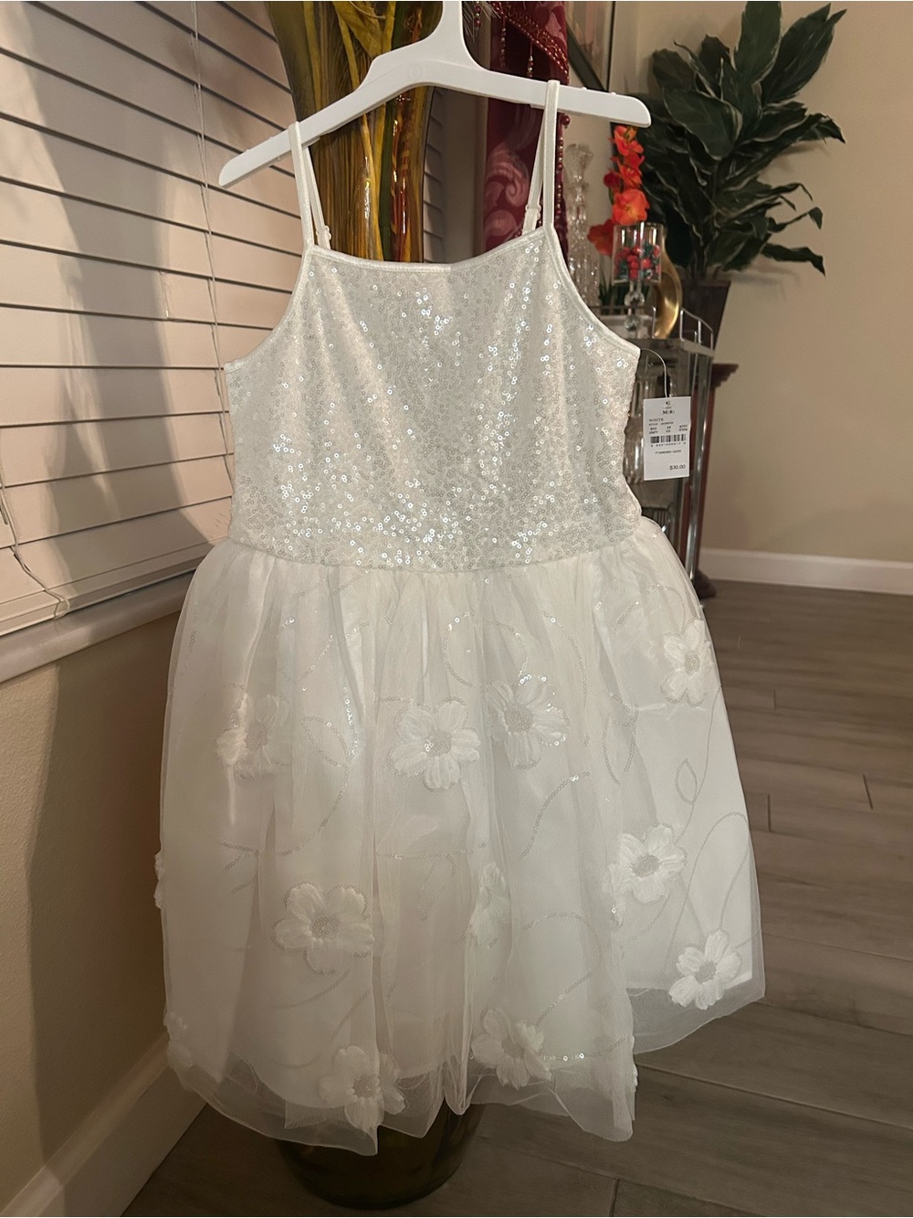 Zhenzi White Sequin & Floral Tulle Dress for Girls